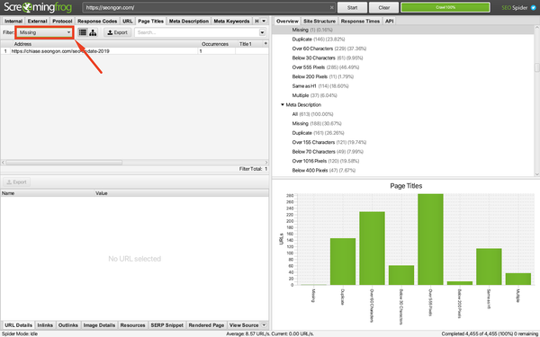 kiểm tra trang thiếu tiêu đề bằng screamingfrog