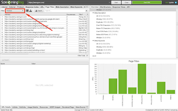 kiểm tra trang có nhiều tiêu đề bằng screamingfrog