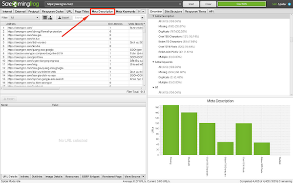 kiểm tra meta descrip bằng screamingfrog