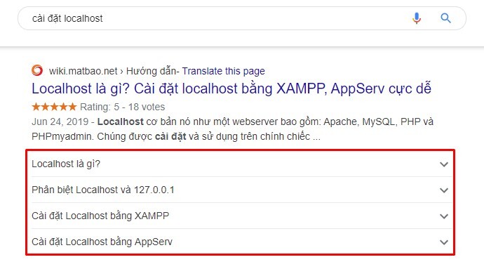 Schema hỏi đáp về việc cài đặt localhost được hiển thị dưới website matbao.net