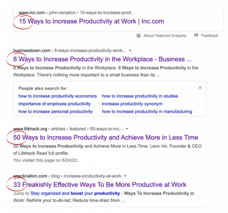 Các bài viết lên top cho truy vấn “increase productivity" đều bắt đầu bằng một con số