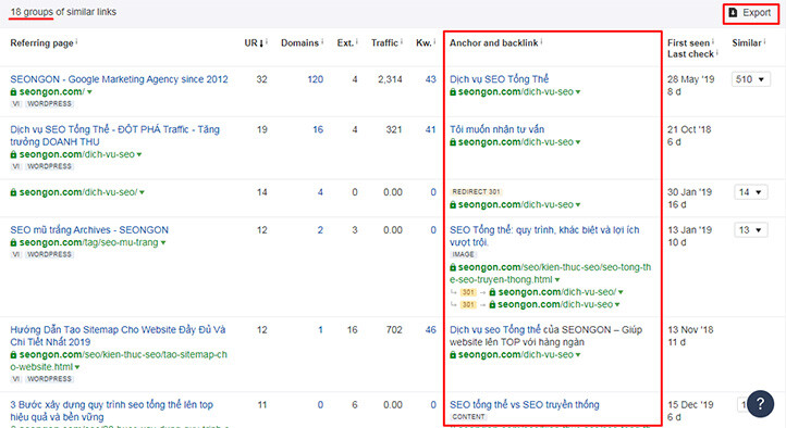 Thống kê mật độ Anchor text từ Internal link
